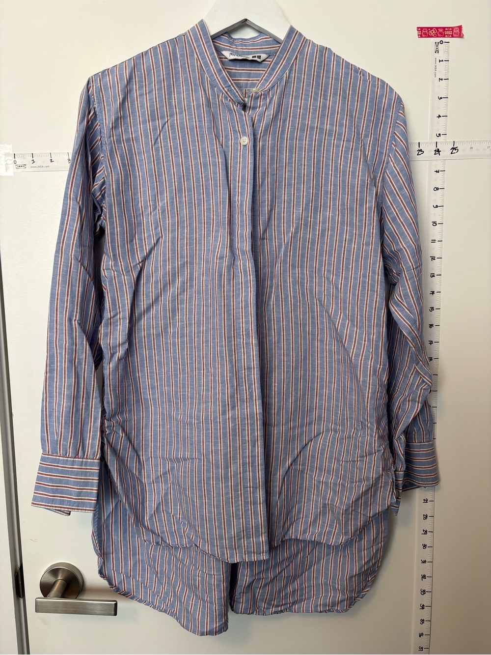 JW Anderson Linen Uniqlo Striped Blue and Pink Band-Collar Shirt